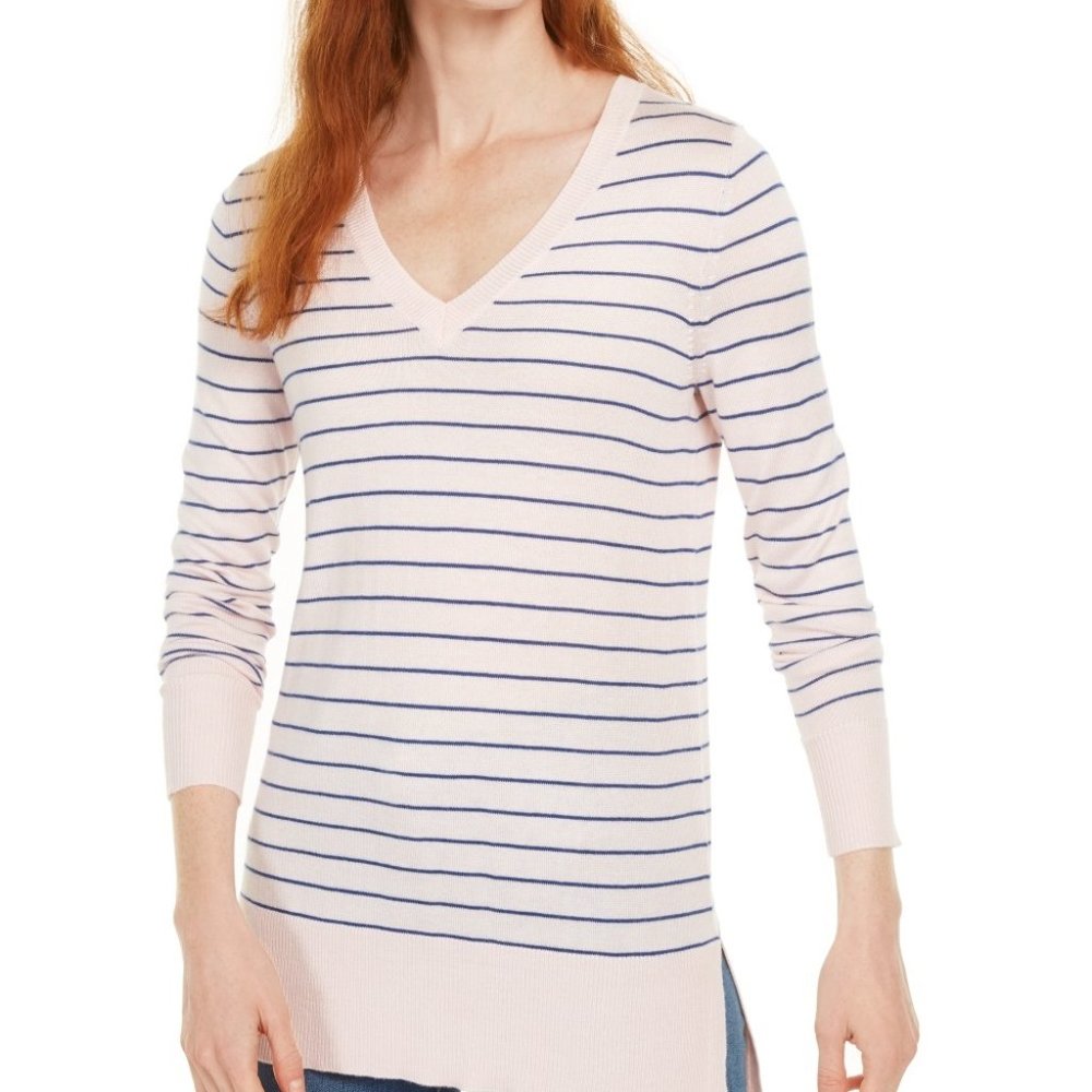 Maison Jules Women's Skinny Striped Pullover Sweater Pink w Blue sz M NWT